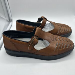 RIEKER ANTISTRESS Brown T Strap Mary Jane Leather Woven Shoes Flats  7 7.5 (38)